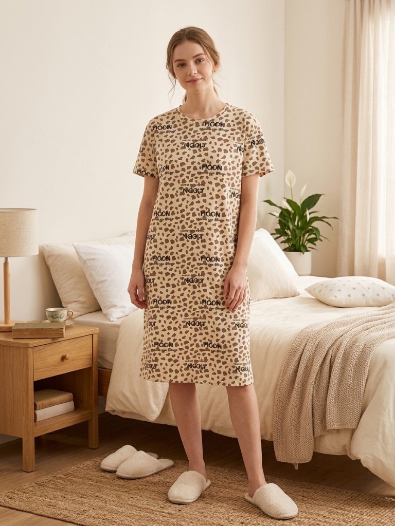Leopard Print Cotton Nightgown Short Sleeve Midi Soft Breathable Nwt